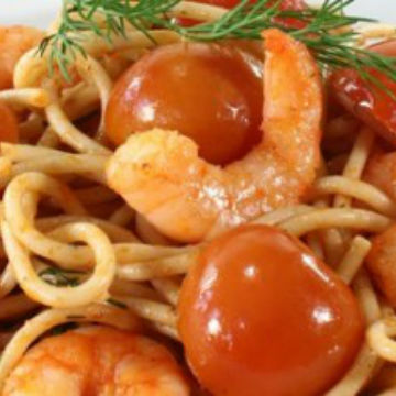 Spaghetti con sugo di gamberoni e pomodorini