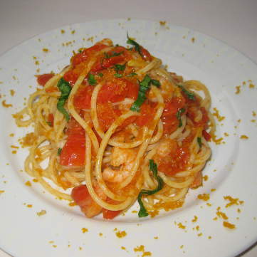Spaghetti con gamberi e bottarga