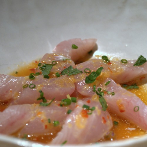 Sashimi di sgombro, con arancia e sakè dolce
